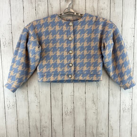 Princess Polly Blue Beige Houndstooth Biana Wool Crop Jacket Size X-Small/Small - Picture 2 of 12